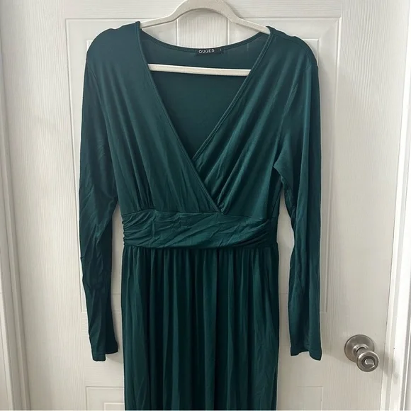 Green Maxi Dress L Faux Wrap Long Sleeve Wedding Guest Maternity | OUGES - Picture 2 of 10